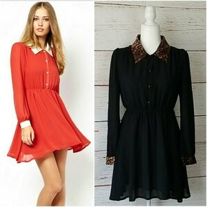 JARLO // leopard collar button down fit & flare style black shirt dress